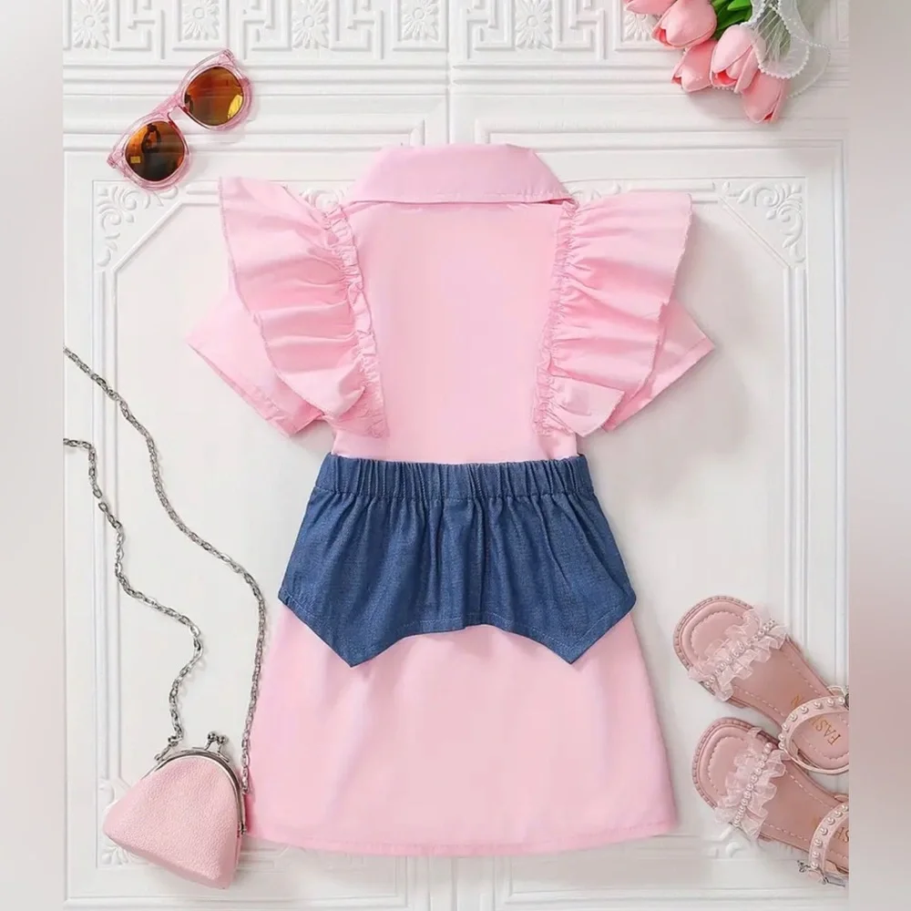 Toddler Girls Short Sleeve Ruffle Trim Button Casual Denim Spliced Shirt Dress